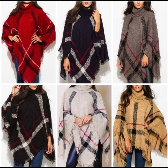 Navy knit turtleneck nubby weave plaid poncho NEW - Picture 6 of 6